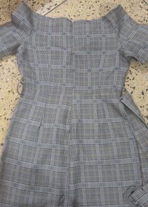 Checked Boat Neck Knee Length Dress