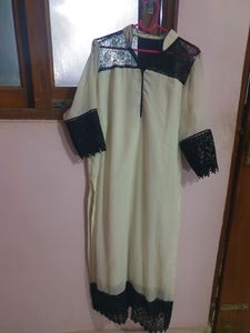 Elegent White Georgette Kurta With Black Lace