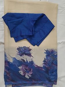 Chiffon Cream And Blue Combination Saree With Blouse