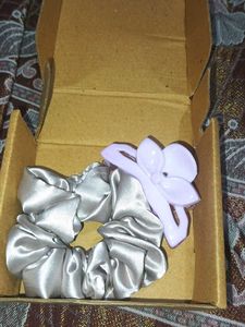 Silver Satin Scrunchie with Flower Clip