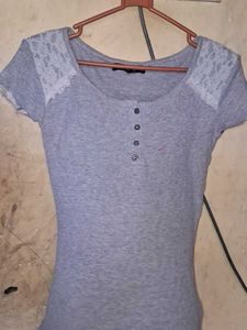 Gray Tee with Lace Detail
