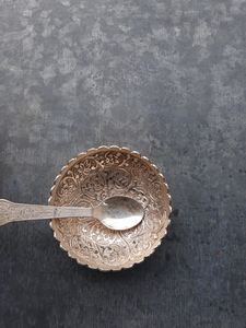 Showpiece Katori With Spoon Silver Colour Metal