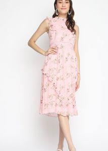 Pink Floral Printed Layered Midi Dress