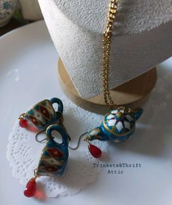 Handmade Blue Teapot &amp; cup set Earring/Necklace