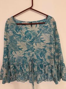 Tropical Blue Floral Boho Top with Flared Sleeves