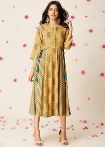 INDYA Mustard Printed Side-Tie A-Line Kurta