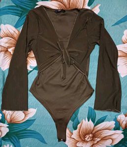 Shein Bell Sleeve Mesh Overlay Front Tie-Up Leotar