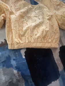 Yellow Eyelet Crop Top - Puff Sleeves