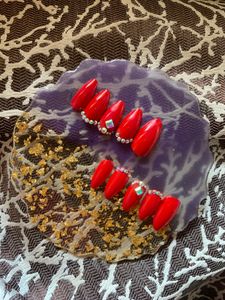 Red Rhinestones Press On Nails
