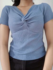 Blue Twist-Front Knit Top