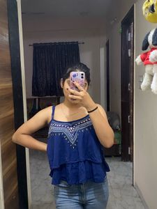 blue embroidered half sleeves flared top