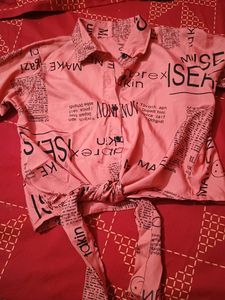 Pink Newspaper Print Tie-Front Top