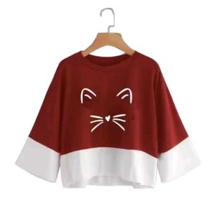 Crop T Shirt || Maroon & White Cat Print