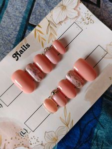 Peach Press-On Nails with Rhinestones