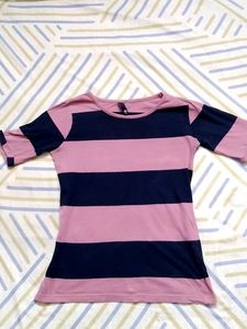 Pink And Dark Blue Colour Block T Shirt