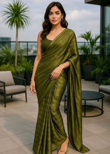 Olive Green Striped Saree