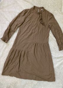 Brown Tiered Dress with Tie Neck