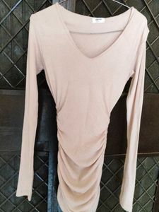 Tan Ruched Long Sleeve Mini Dress