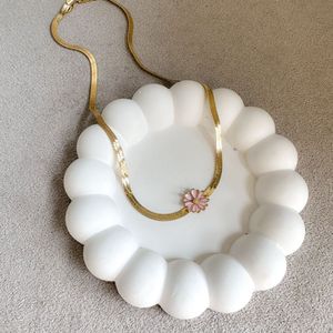 Pink Flower Gold Herringbone Necklace