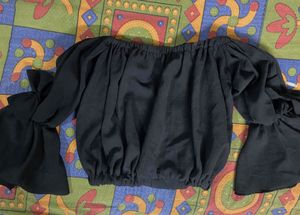 Black Off-Shoulder Ruched Crop Top with Bow Detail