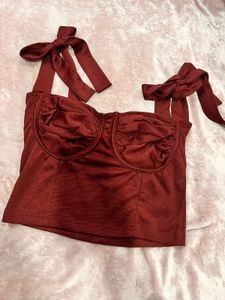Burgundy Tie Strap Corset Top with slit skirt