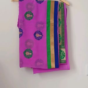 Pink Saree with Green &amp; Blue Details