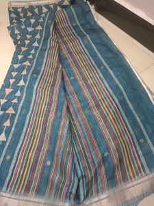 Blue Linen Saree with Geometric Print
