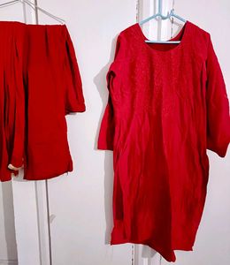 Embroidered Red Palazzo Suit Set