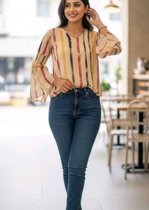 Multicolour Striped Bell Sleeve Top | Size M