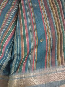 Blue Linen Saree with Geometric Print