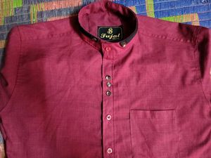 Maroon Band Collar Button-Up Shirt