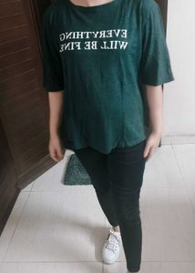 Women Green Graphic Print Cotton Mix Casual Tshirt