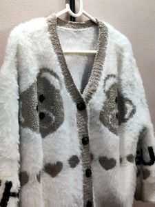 Imported women&#39;s V-neck fuzzy knit cardigan/sweate