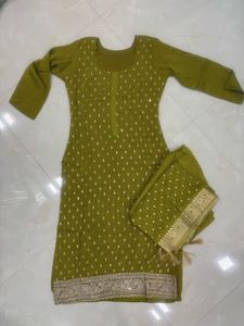 Minimal Festive Olive Green Chiffon Suit Set