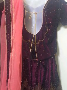 Elegant Burgundy Velvet Lehenga Choli Set