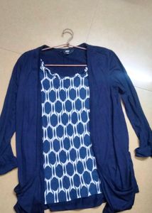 i will buy it from max .. it is xs in size ... blue-white colour.... attached top... with 2 pockets and 3-4th sleev.