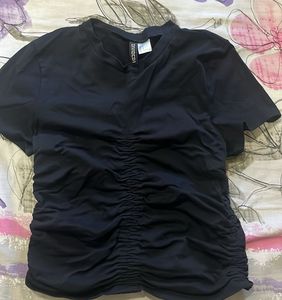 Black Gathered Detail T-Shirt