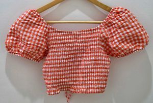 Charming Orange Gingham Puff Sleeve Crop Top