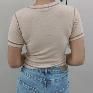 Beige Crop Top With Concentric Brown Hearts