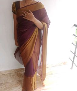 Purple Saree With Golden Border Withblouse Piece