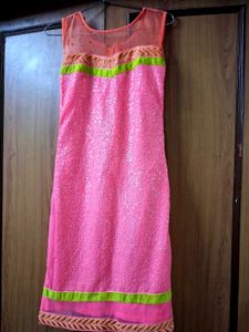 Neon Pink Sequin Sleeveless Kurti And Legg