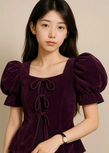 Purple Velvet Puff Sleeve Top