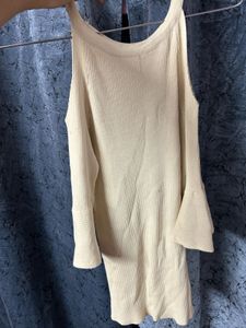 Cream Ribbed Bell Sleeve Top