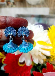 Blue Peacock Jhumka Earrings & Red Jhumk