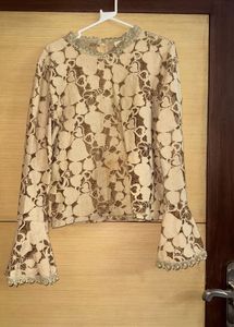Beige Top With Pearl &amp; Lace Details Styled Sleeves