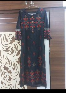 Navy Blue Block Print Straight Kurta Set