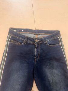 Dark Wash Skinny Jeans with Green Side Stripe