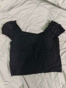 Black Off-Shoulder Crop Top puffy sleeves