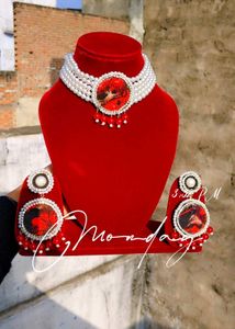 Pearl &amp; Red Stone Jewelry Set