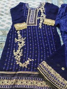 Elegant Blue &amp; Gold Embroidered Plazoo Kameez Set